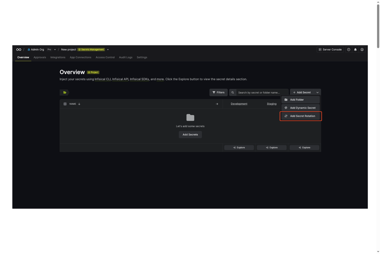 Infisical dashboard showing the Add Secret Rotation option